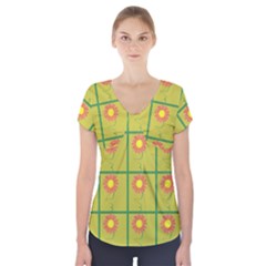 Sunflower Pattern Short Sleeve Front Detail Top by Alisyart