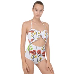 Tree Auntumn Leaf Scallop Top Cut Out Swimsuit