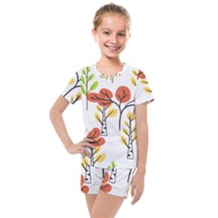 Tree Auntumn Leaf Kids  Mesh Tee And Shorts Set