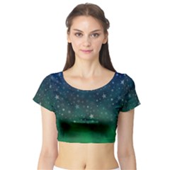 Background Blue Green Stars Night Short Sleeve Crop Top by Alisyart