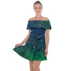 Background Blue Green Stars Night Off Shoulder Velour Dress