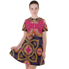 Kaleidoscope Art Pattern Ornament Short Sleeve Shoulder Cut Out Dress 