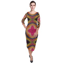 Kaleidoscope Art Pattern Ornament Quarter Sleeve Midi Velour Bodycon Dress