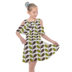 Leaf Plant Pattern Seamless Kids  Shoulder Cutout Chiffon Dress