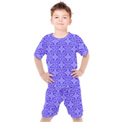 Decor Pattern Blue Curved Line Kids  Tee And Shorts Set