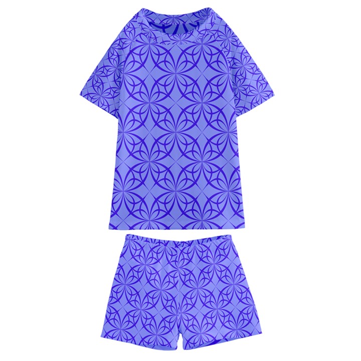 Decor Pattern Blue Curved Line Kids  Swim Tee and Shorts Set