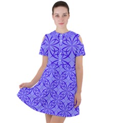 Decor Pattern Blue Curved Line Short Sleeve Shoulder Cut Out Dress 