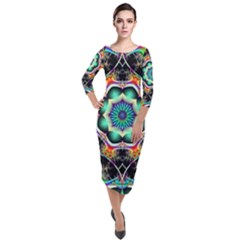 Fractal Chaos Symmetry Psychedelic Quarter Sleeve Midi Velour Bodycon Dress