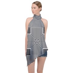 Construction Background Geometric Halter Asymmetric Satin Top