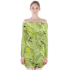 Seamless Pattern Green Garden Long Sleeve Off Shoulder Dress by Pakrebo