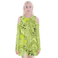 Seamless Pattern Green Garden Velvet Long Sleeve Shoulder Cutout Dress by Pakrebo