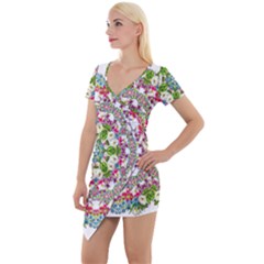 Floral Wreath Tile Background Image Short Sleeve Asymmetric Mini Dress