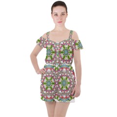 Floral Wreath Tile Background Image Ruffle Cut Out Chiffon Playsuit