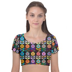 Zappwaits Flowers Velvet Short Sleeve Crop Top 