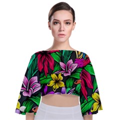 Neon Hibiscus Tie Back Butterfly Sleeve Chiffon Top