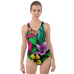 Neon Hibiscus Cut-out Back One Piece Swimsuit