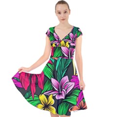 Neon Hibiscus Cap Sleeve Front Wrap Midi Dress