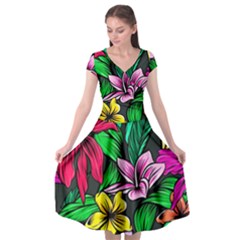 Neon Hibiscus Cap Sleeve Wrap Front Dress