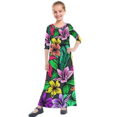 Neon Hibiscus Kids  Quarter Sleeve Maxi Dress