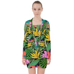 Tropical Adventure V-neck Bodycon Long Sleeve Dress