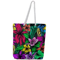 Neon Hibiscus Full Print Rope Handle Tote (large)