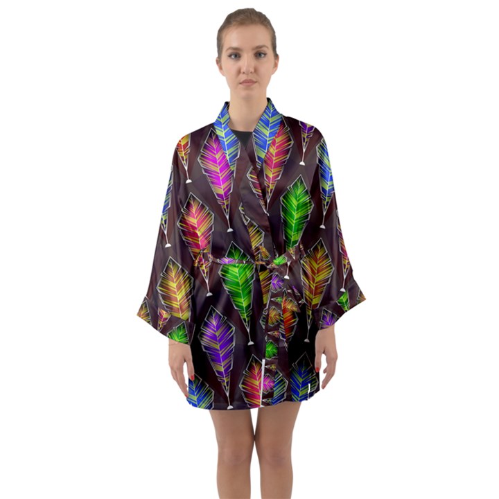 Abstract Background Colorful Leaves Purple Long Sleeve Kimono Robe