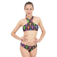 Abstract Background Colorful Leaves Purple High Neck Bikini Set