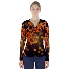 Flowers Background Bokeh Leaf V-Neck Long Sleeve Top