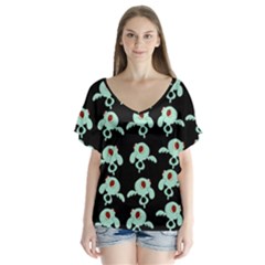 Squidward In Repose pattern V-Neck Flutter Sleeve Top