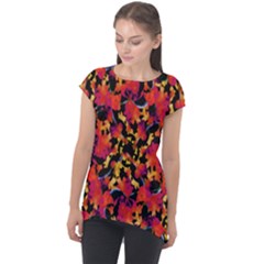 Red Floral Collage Print Design 2 Cap Sleeve High Low Top