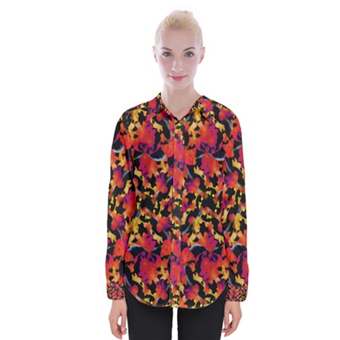 Red Floral Collage Print Design 2 Womens Long Sleeve Shirt by dflcprintsclothing