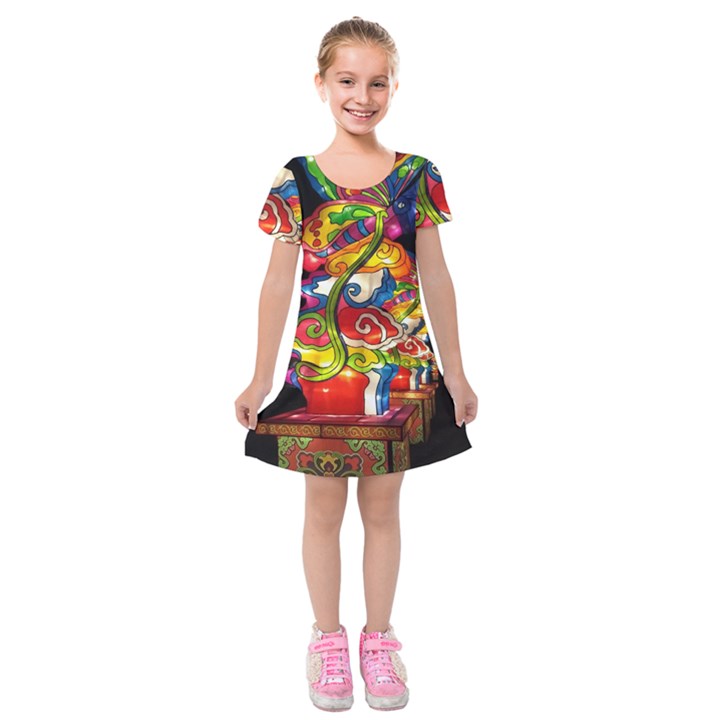 Dragon Lights Centerpiece Kids  Short Sleeve Velvet Dress