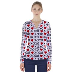 Xo Valentines Day Pattern V-neck Long Sleeve Top by Valentinaart