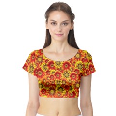 Brilliant Orange And Yellow Daisies Short Sleeve Crop Top by retrotoomoderndesigns