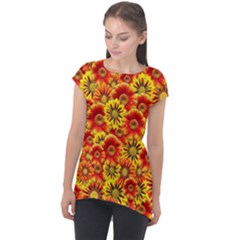 Brilliant Orange And Yellow Daisies Cap Sleeve High Low Top