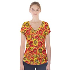 Brilliant Orange And Yellow Daisies Short Sleeve Front Detail Top