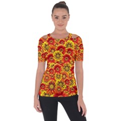 Brilliant Orange And Yellow Daisies Shoulder Cut Out Short Sleeve Top