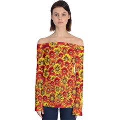 Brilliant Orange And Yellow Daisies Off Shoulder Long Sleeve Top