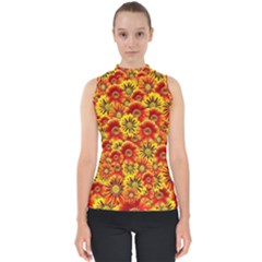Brilliant Orange And Yellow Daisies Mock Neck Shell Top