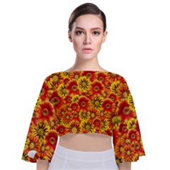 Brilliant Orange And Yellow Daisies Tie Back Butterfly Sleeve Chiffon Top