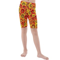 Brilliant Orange And Yellow Daisies Kids  Mid Length Swim Shorts