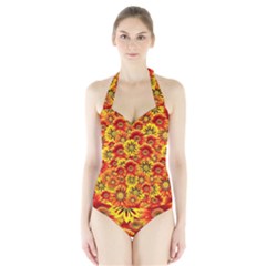 Brilliant Orange And Yellow Daisies Halter Swimsuit by retrotoomoderndesigns
