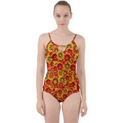 Brilliant Orange And Yellow Daisies Cut Out Top Tankini Set