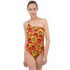 Brilliant Orange And Yellow Daisies Classic One Shoulder Swimsuit