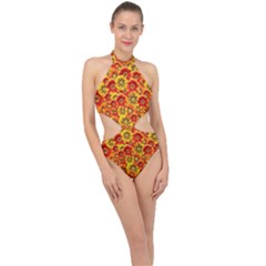 Brilliant Orange And Yellow Daisies Halter Side Cut Swimsuit