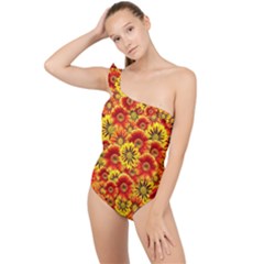 Brilliant Orange And Yellow Daisies Frilly One Shoulder Swimsuit