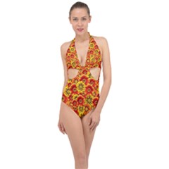 Brilliant Orange And Yellow Daisies Halter Front Plunge Swimsuit