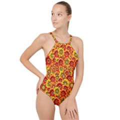 Brilliant Orange And Yellow Daisies High Neck One Piece Swimsuit