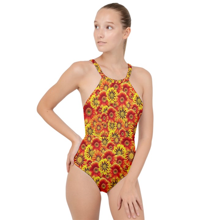 Brilliant Orange And Yellow Daisies High Neck One Piece Swimsuit