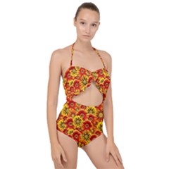 Brilliant Orange And Yellow Daisies Scallop Top Cut Out Swimsuit